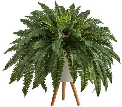 Nearly Natural "2.5' Boston Fern Artificial Plant in White Planter with Legs - 21"""
