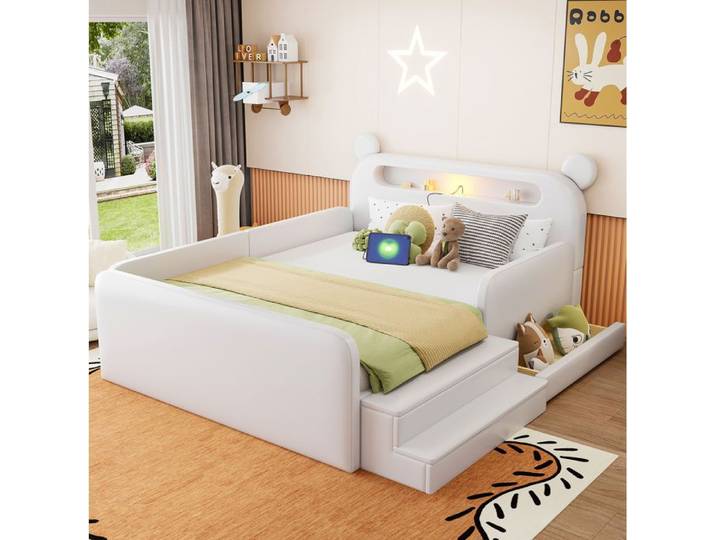 ULEVR Lit enfant rembourré 140 x 200 cm blanc tête de lit ours veilleuse intégrée USB rangement