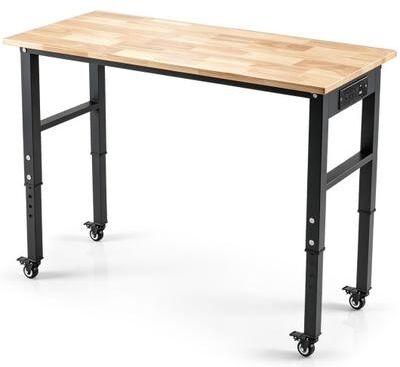 Costway 46 Inch Adjustable Height Workbench with Wheels Heavy-Duty Oak Wood Top-Natural