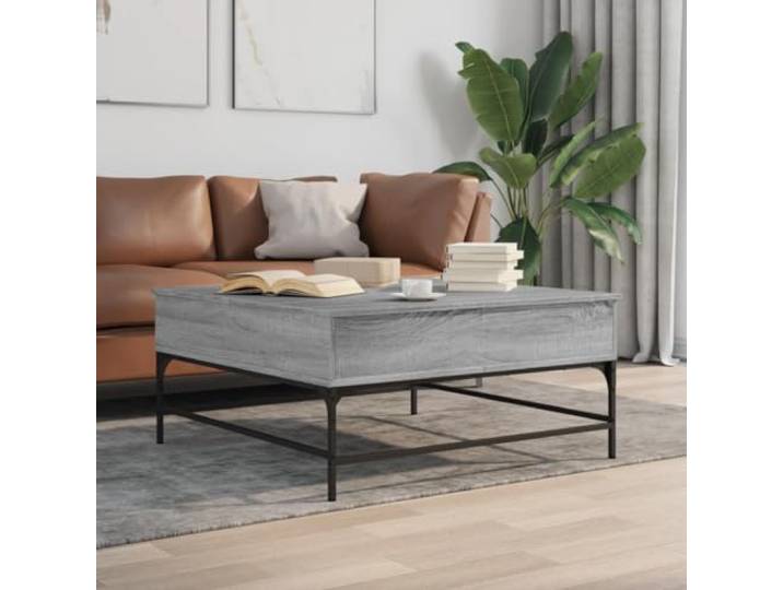 HEFZGDB Grauer Couchtisch Sonoma 95x95x45 cm aus Holzwerkstoff und Metall mit höhenverstellbarer Platte und 2 versteckten Fächern, 4 verstellbare Füße für Stabilität, langlebiges