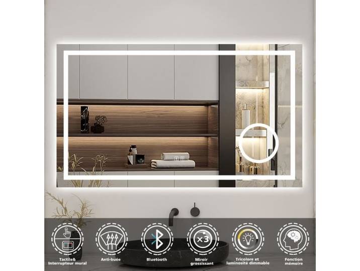 Miroir salle de bain LED - 100x60cm - Bluetooth - Loupe 3x - Anti-buée