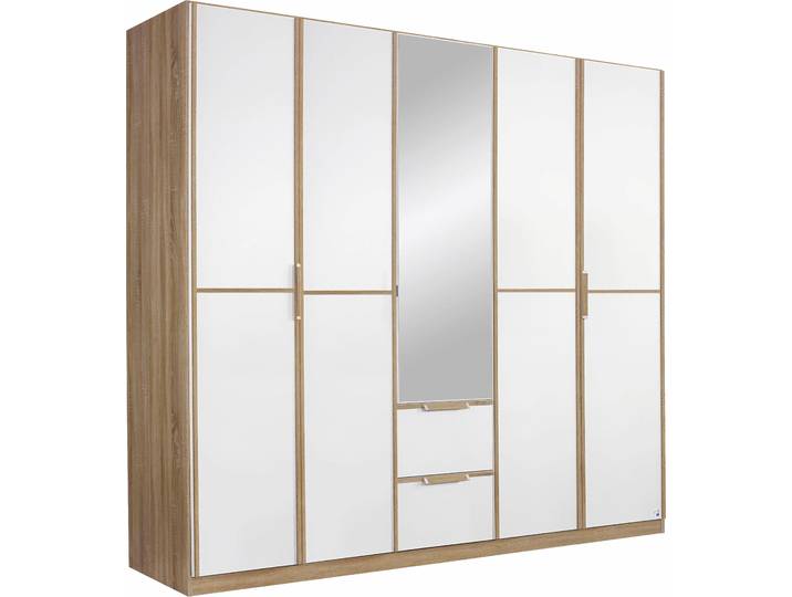 Kleiderschrank, 226x210 cm, Holzwerkstoff, Struktureichefarben Hell/Weiß, 5-Türen & Spiegel, Klassisch, Rauch