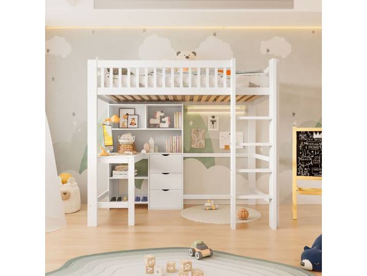 Lit mezzanine enfant 90 × 200 cm blanc avec bureau rangements et 3 tiroirs