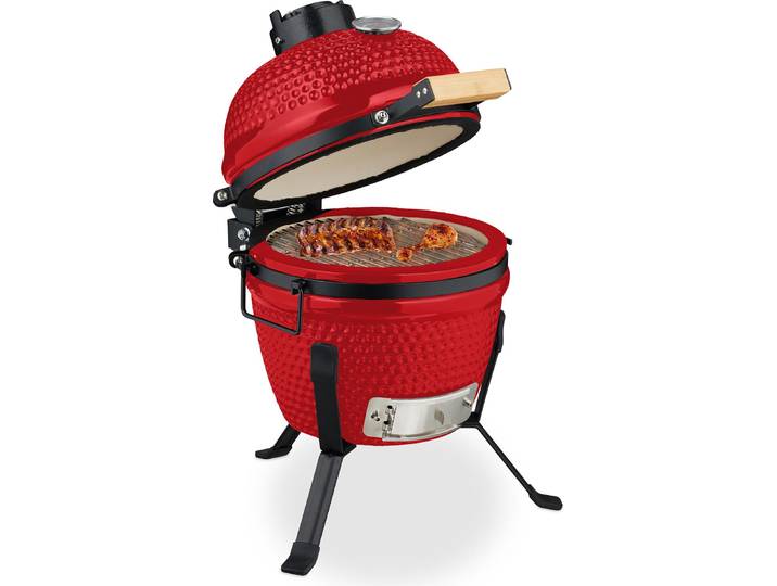 Relaxdays Kamado Grill, ø 32 cm, Keramikgrill mit Thermometer bis 450°C, BBQ, Grillen, Kochen & Backen, Smoker, rot