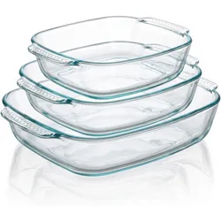 Arendo Auflaufform 3er Set 2000, 2700 & 3800 ml, Borosilikatglas mit Griffen, -40 bis +400 °C, Auflaufform, Transparent