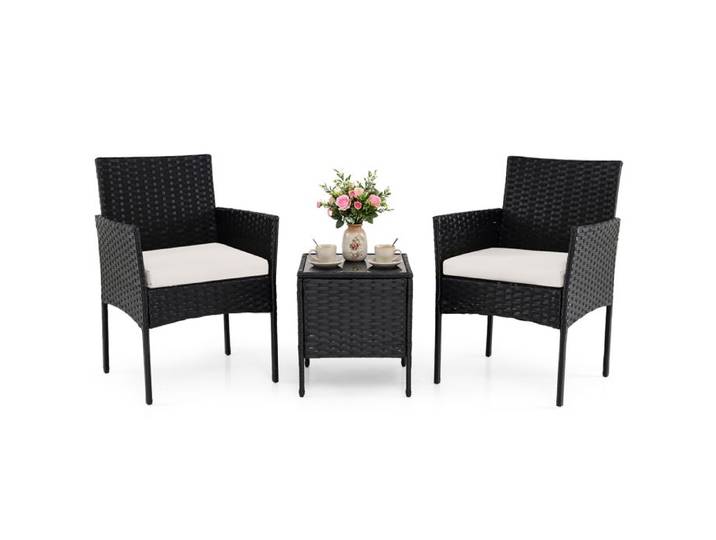 COSTWAY Ensemble 3 PCS Table et Chaises de Jardin Extérieur en Rotin PE Coussin Amovible Beige Table en Verre Trempé Cadre Métal