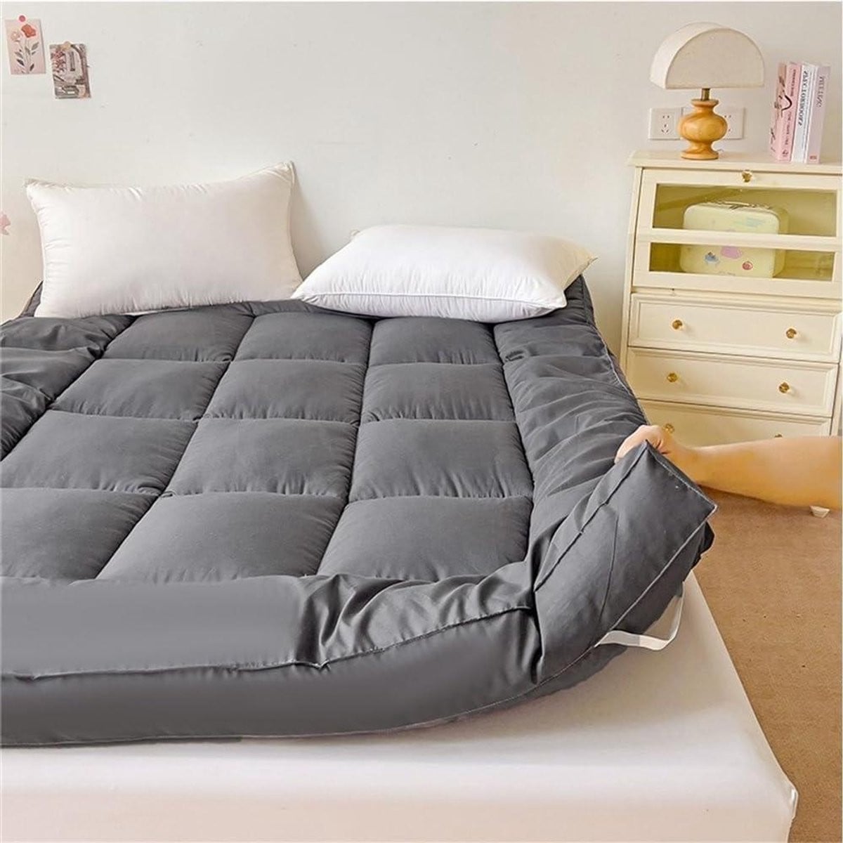 Donkergrijs gewatteerd katoenen futon matras topper voor optimaal slaapcomfort, 220 x 200 cm