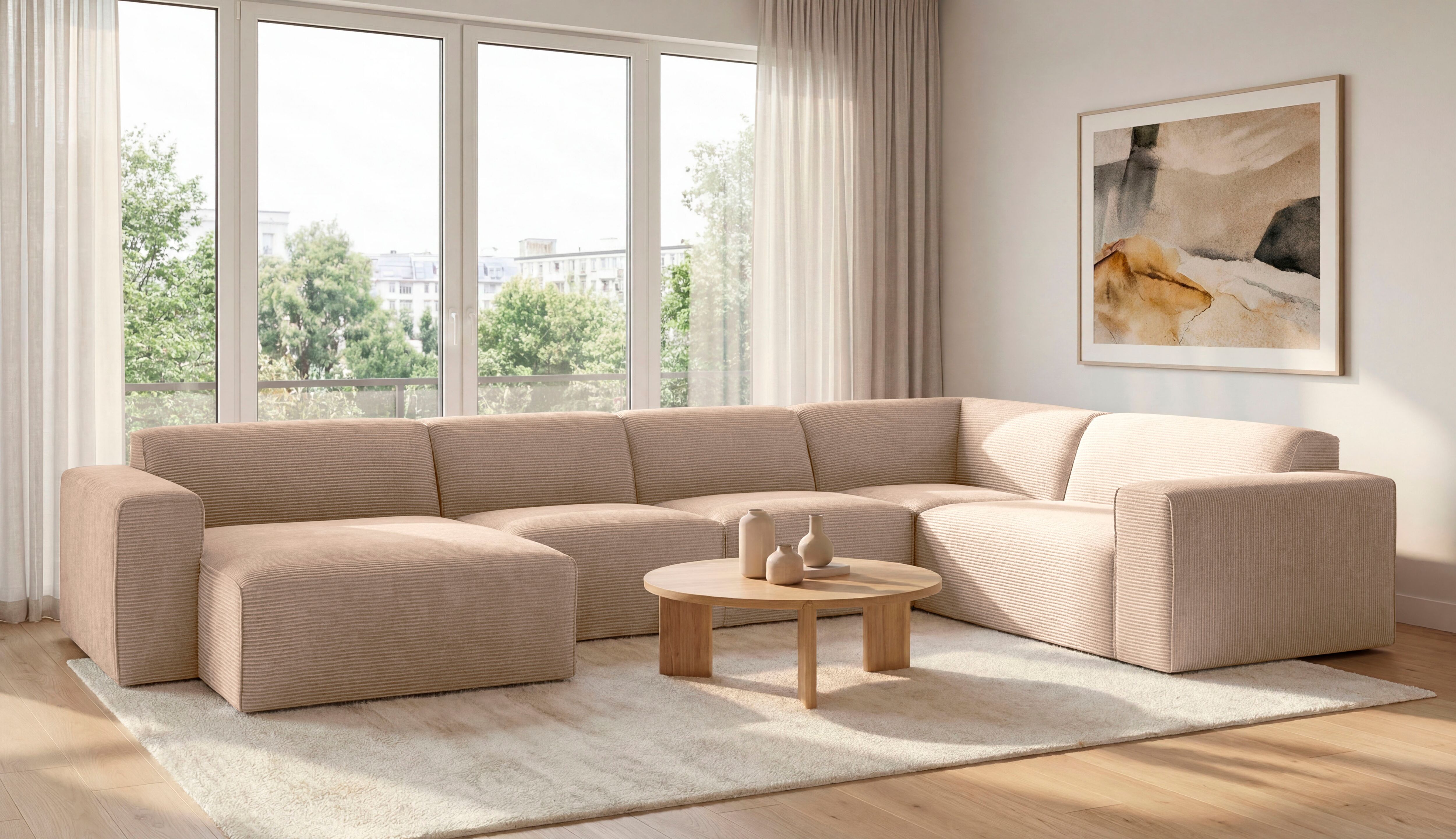 Wohnlandschaft GOODPRODUCT "Clayton Breite 371 cm, U-Form", beige (sand), B:371cm H:70cm T:220cm, 100% Polyester, Sofas, Wohnlandschaft, in einem trendigen Cord-Bezug, verschiedene Kombinationen verfügbar sand B/H/T: 371cm x 70cm x 220cm, Cord, Recamiere 