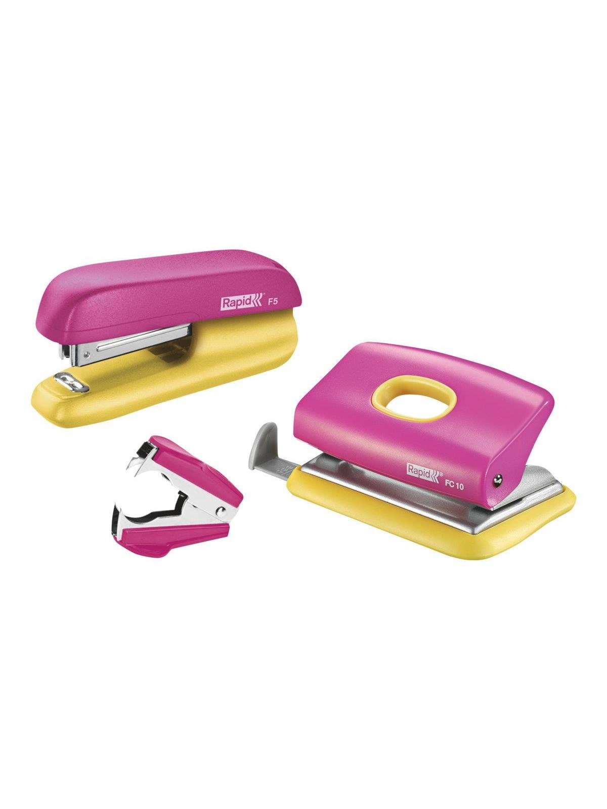 Rapid Mini Heftgerät F5 und Locher Set Pink/Gelb