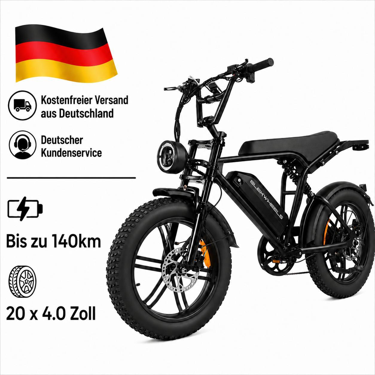E6 3.0 Fat E-Bike 20 Zoll, 48V 15Ah Akku, bis 140km Reichweite, Shimano 7-Gang, Vollfederung