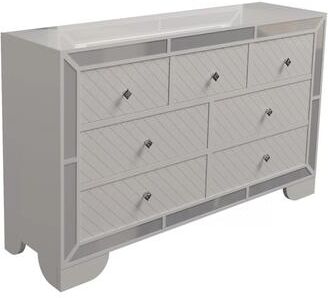 Benjara Athon Wide Dresser with 7 Drawers, Diamond Patterns, Ivory Wood