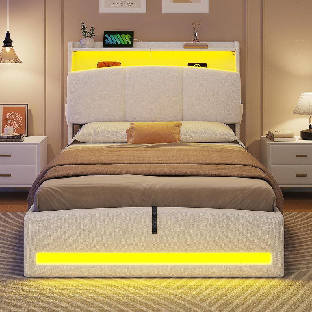 Rebrilliant Bed with Hydraulic Storage and Charging Station Upholstered Storage Headboard, Space-saving Beige Single (3')