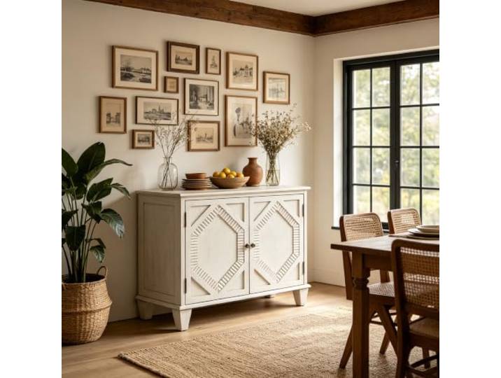 Vectis Sideboard mit Echtholzfurnier, reliefverzierte Doppeltüren & verstellbarem Einlegeboden für Eingang & Esszimmer (weiß)