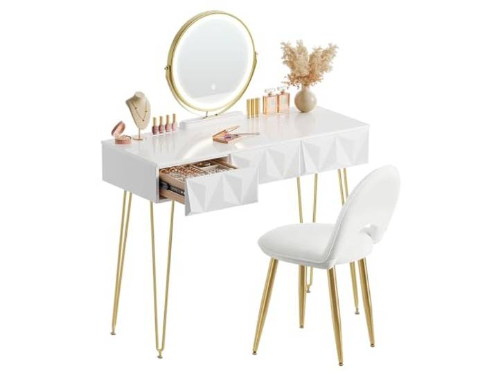 EUGAD Schminktisch mit Spiegel, LED-Beleuchtung, Samthocker, 3 Schubladen Helligkeit Einstellbar, Frisiertisch mit Hochglanzplatte 100x40 cm, Schnelle Montage, Modern, Weiß + Gold