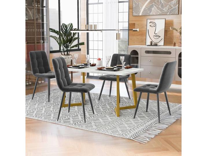 Table a Manger et Chaise 117x68 cm Ensemble de Table de Cuisine Table a Manger Chaise en Velours Gris Foncé Pieds de Table Dorés
