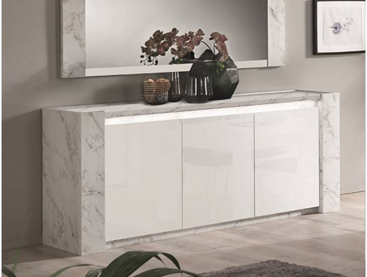 Bahut 3 portes Clotilda marbré blanc/laqué blanc Marbré Blanc/blanc Brillant - Basika