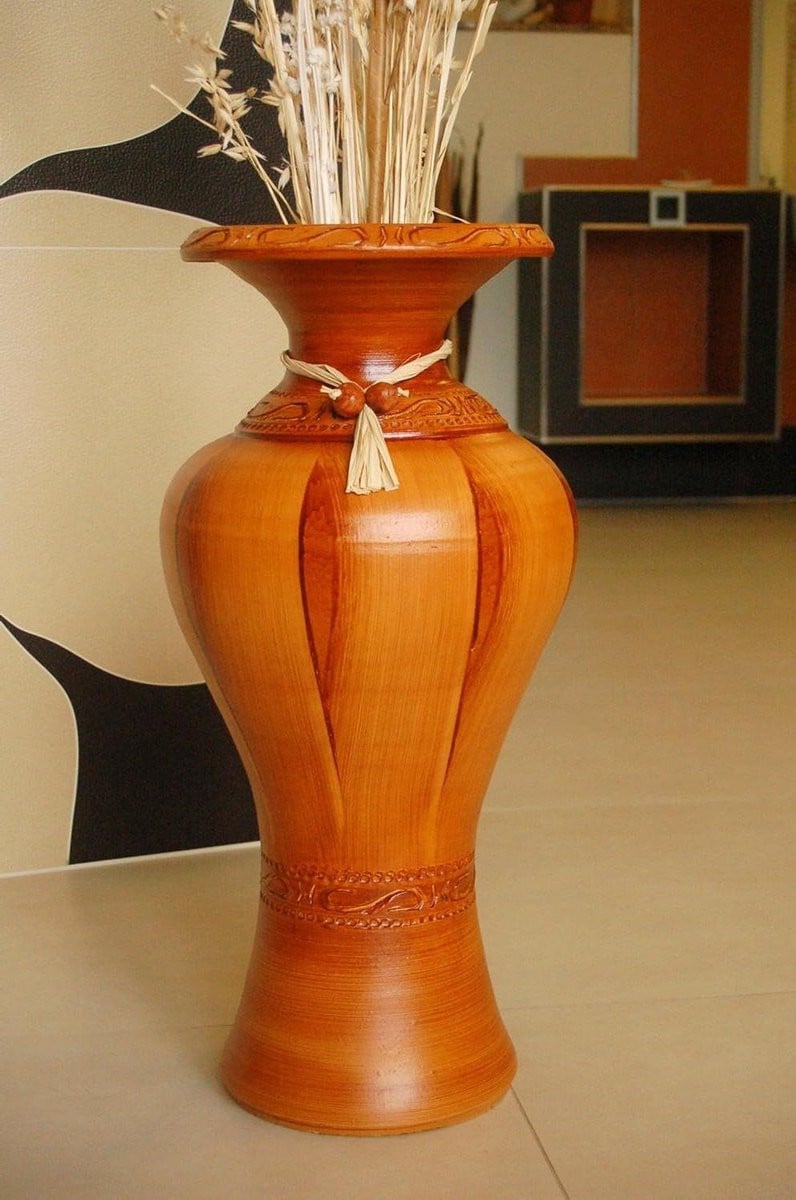 Grote Bruine Vloervaas - Decoratieve Handgemaakte Pot - Hoogte: 60 cm