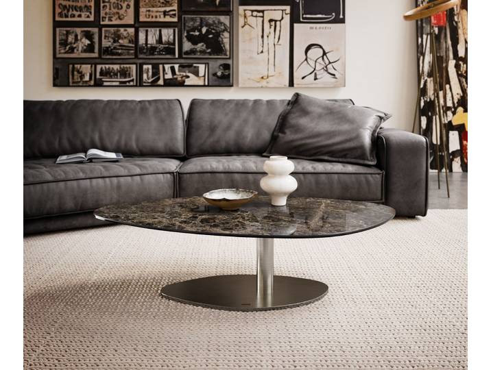 Couchtisch Edge Organisch 140x76 cm Keramik Emperador Extra Lucidato Dunkelbraun Vibany Edelstahl gebürstet, Couchtische