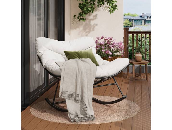 Fauteuil Papasan œuf à bascule – Coussin large - structure métal robuste – Confort pour jardin terrasse balcon ou salon – Blanc