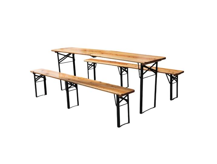 Ensemble de jardin à bière pliable 220 cm, 3 pièces : 1 table pliante + 2 bancs à bière, pin massif résistant aux intempéries, peu encombrant, jusqu'à 200 kg