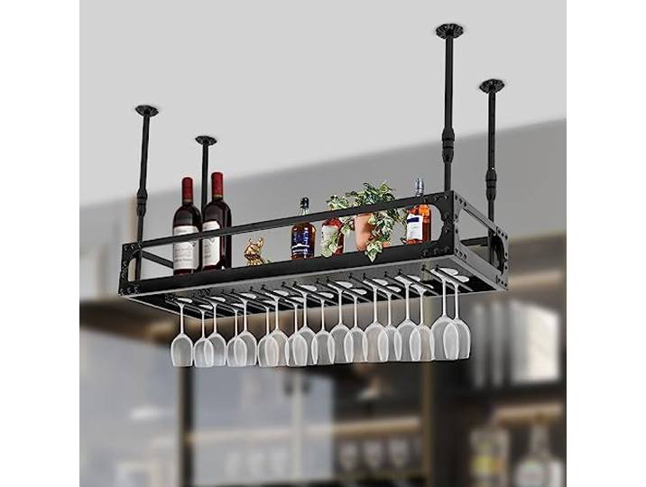 Begoniape Deckenregal Weinregal Weinflaschenhalter Hängender Retro Eisen Dekoration Regal Höhenverstellbare Hängeregal bis 50kg für Bar Café Küche Schwarz (100 * 35 * 35-55 cm)