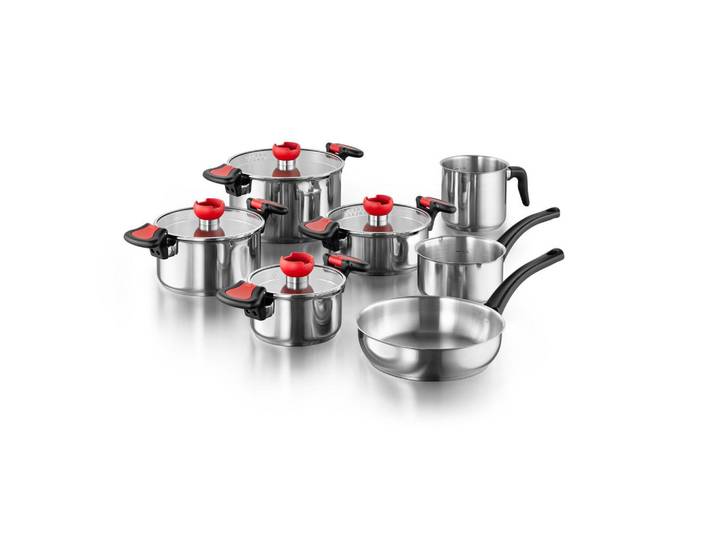 Kopf Topfset Nelo, Edelstahl, Induktion, 11-teilig, Silberfarben, Metall, Rund, wärmeisolierter Griff, Kochgeschirr, Töpfe, Topfsets