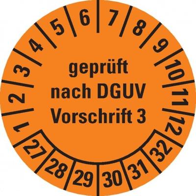 Dreifke® Prüfplakette gepr. DGUV Vorschrift 3,27-32,orange,Folie,ablösbar,Ø 15mm,420/Heft