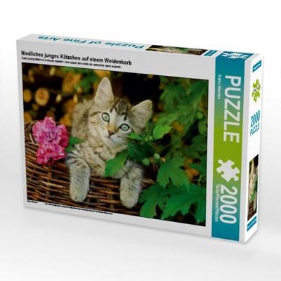 Niedliches junges Kätzchen auf einem Weidenkorb (Puzzle)