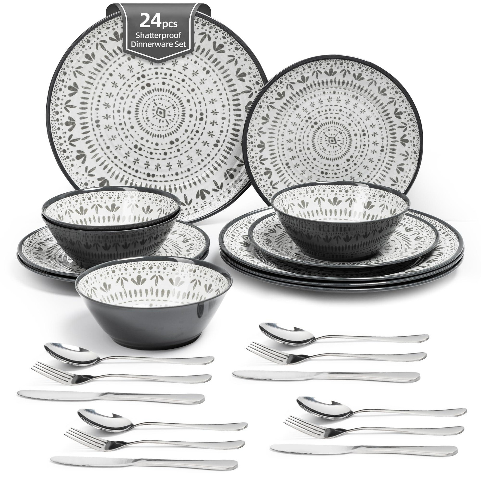 Dripio 24-delige melamine servieset in grijze boho-stijl voor kamperen