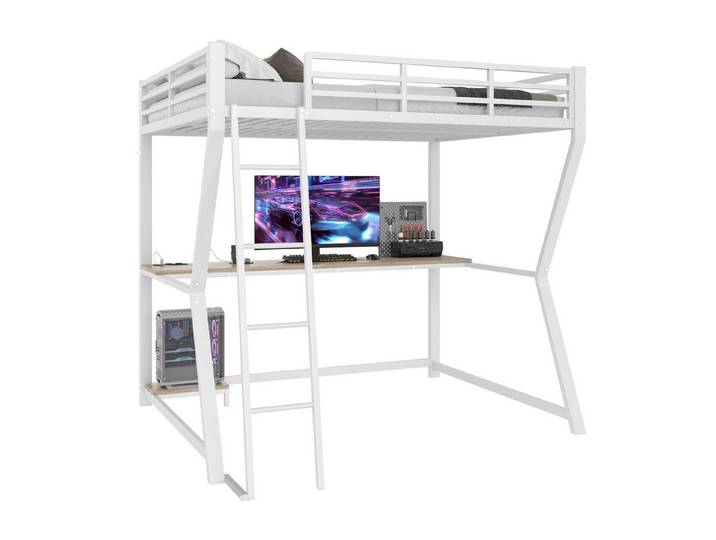 OKWISH Hochbett Funktionsbett,Kinderbett (mit USB-Steckdose, Treppe & Computerkonsolenablage, 140x200 cm) ohne Matratze