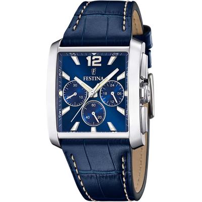 Chronograph FESTINA, blau (blau, blau), Armbanduhren, Herren, silberfarben, Chronograph, Armbanduhr, Quarzuhr, Herrenuhr, Stoppfunktion, Lederarmband