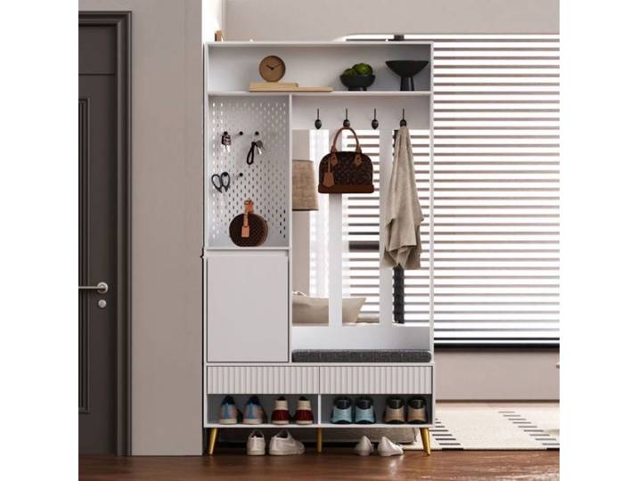 Porte-Manteau Meuble dEntre Vestiaire Portant Avec banc chaussures Crochets Blanc-MDF