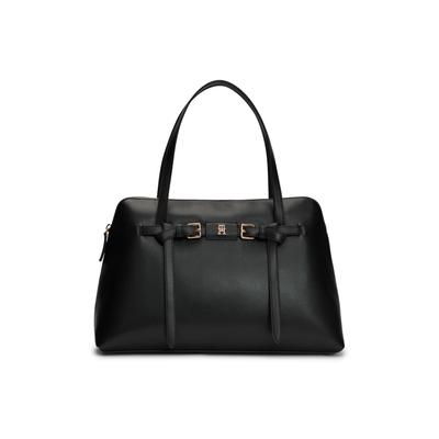 Handtasche TOMMY HILFIGER "TH BUCKLE TOTE", Damen, Gr. B/H/T: 39cm x 25cm x 12cm, schwarz, Lederimitat, Taschen Handtasche, Damen Schultertasche, mit Zierschnalle und TH-Schmuckelement