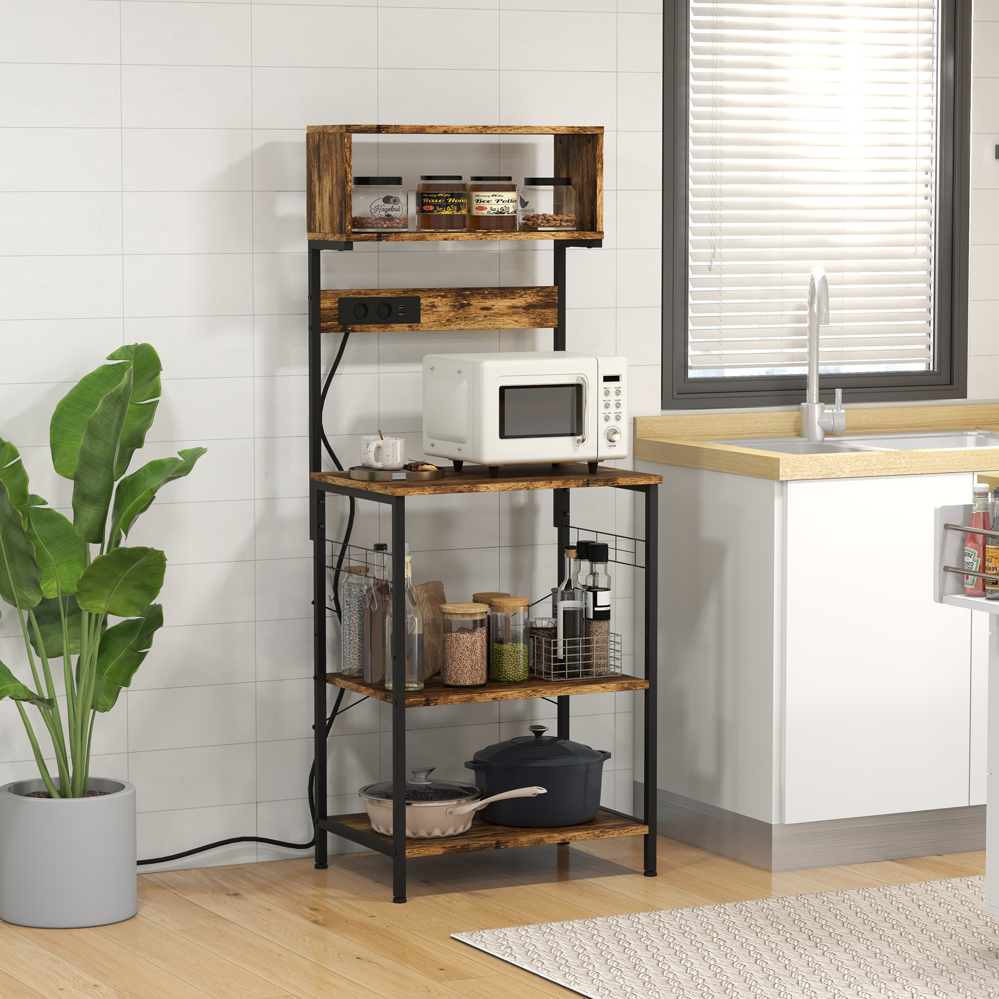 Homcom Scaffale Cucina con Multipresa, Ripiani e Ganci Stile Industriale, 60x42x153cm, Marrone Aosom