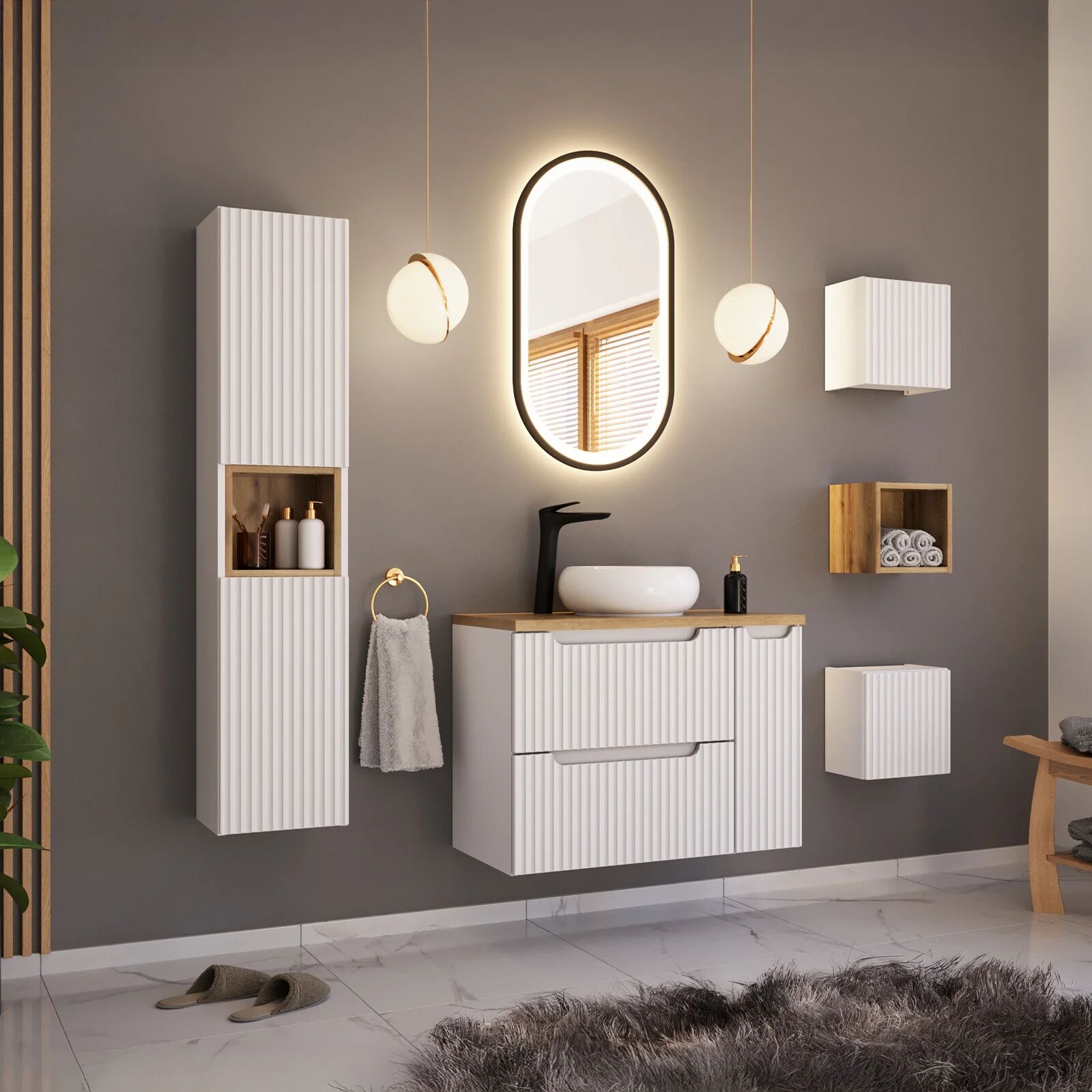 garneroarredamenti Mobile bagno sospeso cannettato 80cm bianco rovere Cleany