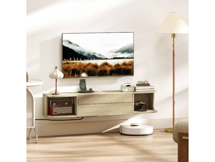 HOMCOM Meuble TV Suspendu 50 Effet Bois Tiroir & Étagères