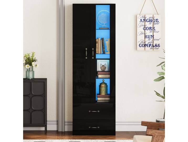 Vitrine éclairée LED 59 5x35x182cm Meuble de Rangement avec 2 portes porte transparente Bibliothèque autoportante noir pour salon