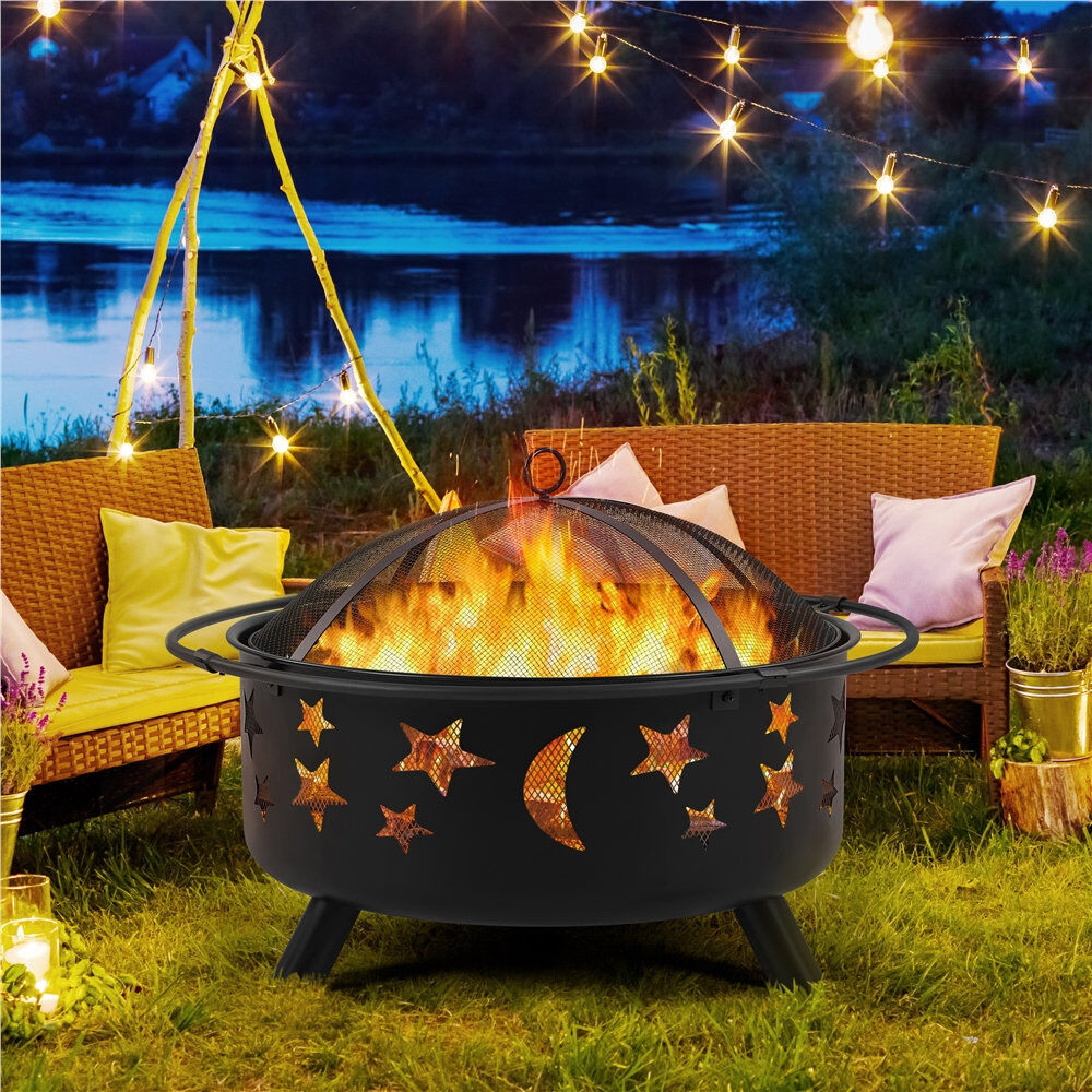 17 Stories Round Iron Wood Burning Fire Pit Black 53.5cm H X 77cm W X 77cm D