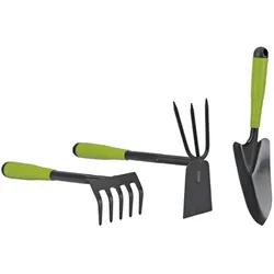 Set mit 3 Gartenwerkzeugen Verstärkter Stahl Kunststoffgriff Serfouette Transplantoir Rateau ITOOLS