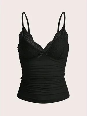 Retailers Go Sexy Contrast Lace Bow Front Cami Top, Women Summer Grunge, Punk Y2K Clothes, Ruched Skinny Backless Tee Shirt black s
