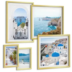 BILDER SET 5er Set - 50x50 cm & 20x30 cm & 40x60 cm Goldrahmen - Weiße Treppenpflanzen Meer