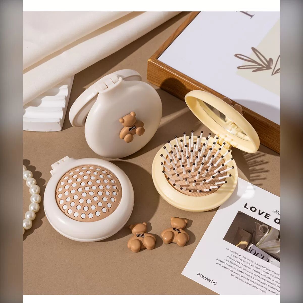 INF Peigne Miroir Pliant Ours Mignon - Brosse Air Cushion Portable avec Miroir HD, Peigne ABS Pliable Monobloc