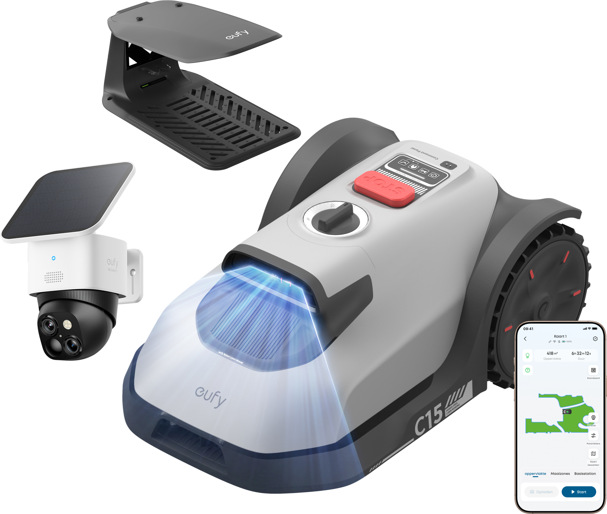 eufy Robotgrasmaaier C15 met Regenkap met SoloCam S340 2K PTZ Camera