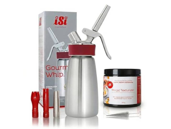 iSi Sahnespender 250ml Edelstahl – Profi Sahnesyphon für Schlagsahne & Espuma – Gourmet Whip inkl 3 Tüllen & Reinigungsbürste – Sahnesiphon Flasche + Magic Texturizer