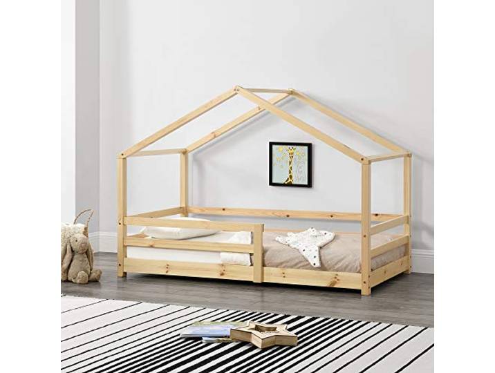 [en.casa] Kinderbett Knätten Hausbett Bodenbett 80 x 160 cm Holzbett für Kinder mit Rausfallschutz Bettgestell mit Lattenrost Kiefernholz Holzfarben