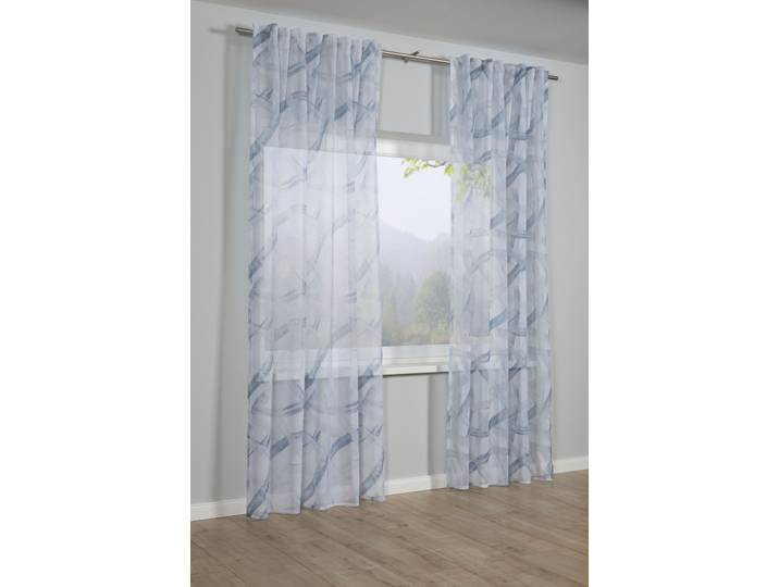 Gardine GARDINIA Schal mit Gardinenband Dolly Voile mit Druck , blau, B:140cm H:245cm, Obermaterial: 100% Polyester, Gardinen, Gardine, Stoff Dolly-Voile mit Druck