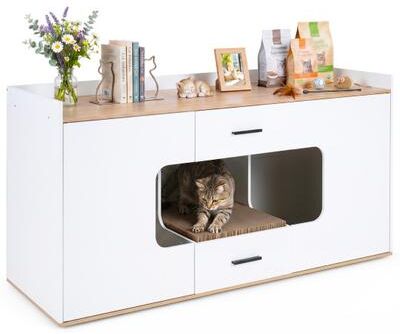 Costway Wooden Hidden Cat House Cabinet with Wide Countertop 2 Drawers and 2 Doors-Natrual