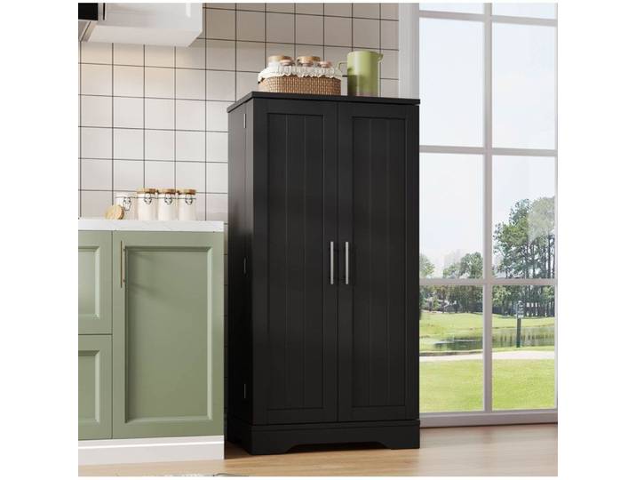 Buffet de cuisine noir en MDF avec LED capteur 2 portes étagère réglable et rangements de porte FOLYNA