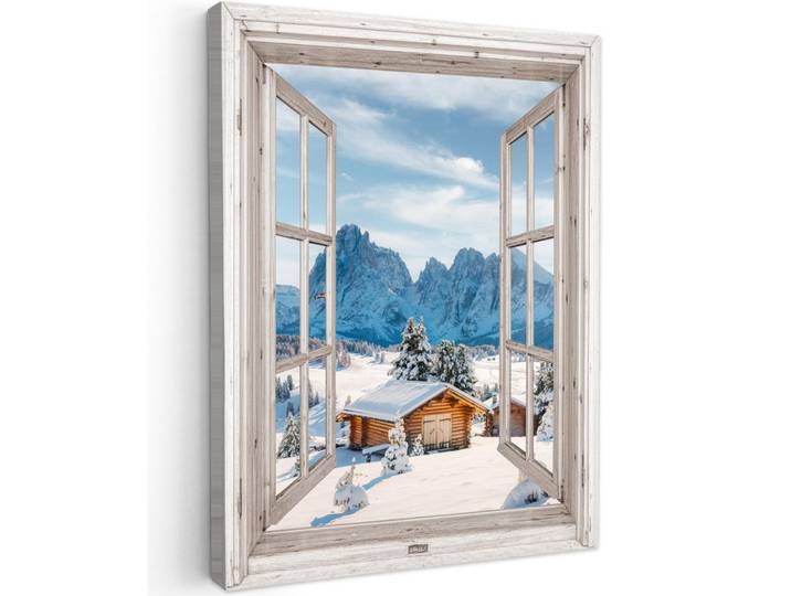 MuchoWow Leinwandbild - Winterlandschaft - Hütte - Berge - Ausblicke - Aussicht - Natur - 60x80 - Gemälde, Weiß Hochglanz, Textil, Kiefer, Abstrakt, Rechteckig, 60x80 cm, gerahmt, Bilder & Rahmen, Bilder, Wandbilder