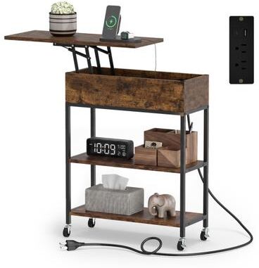 Costway Lift Top End Table with Charging Station and Universal Wheels-Rustic Brown